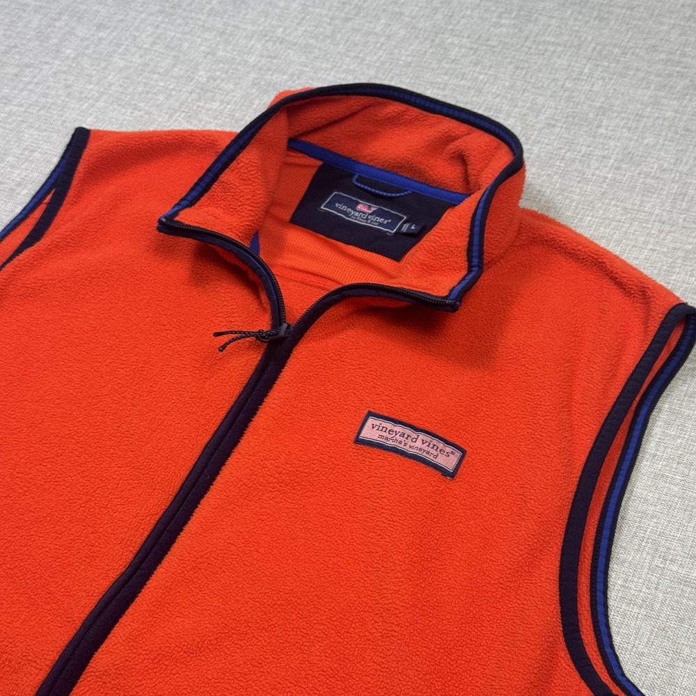 Vineyard Vines Fleece Vest Mens Large Orange Full Zip Stand-Up Collared Pockets